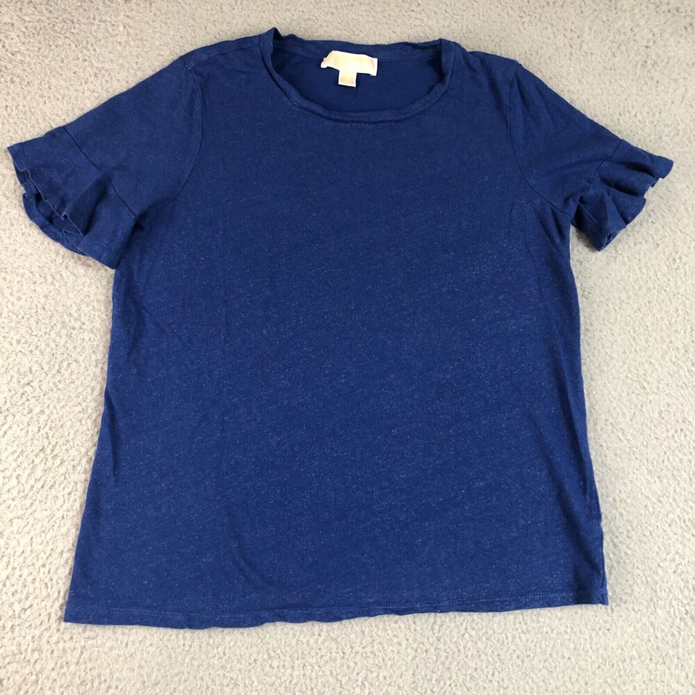 Michael Kors Blouse Womens M Blue Flake Shirt Ruffle Sleeve Preppy Round‎ Neck